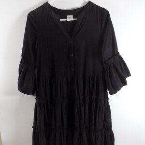 KAOLFY Women’s Midi Black Dress 3/4 Sleeves Front Snaps RUFFLES - SMALL